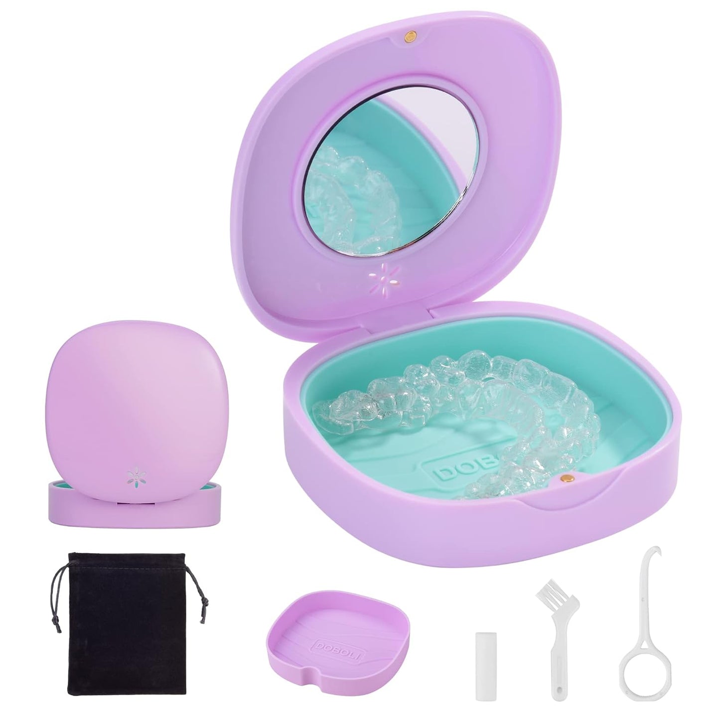 Doboli Retainer Case,Retainer Case with Vent Holes and Mirror,Compatible with Invisalign,Night Guard and Mouth Guard Case,with A Storage Bag,Slim Aligner Remover Tool,Chew & Brush,Travel Essentials