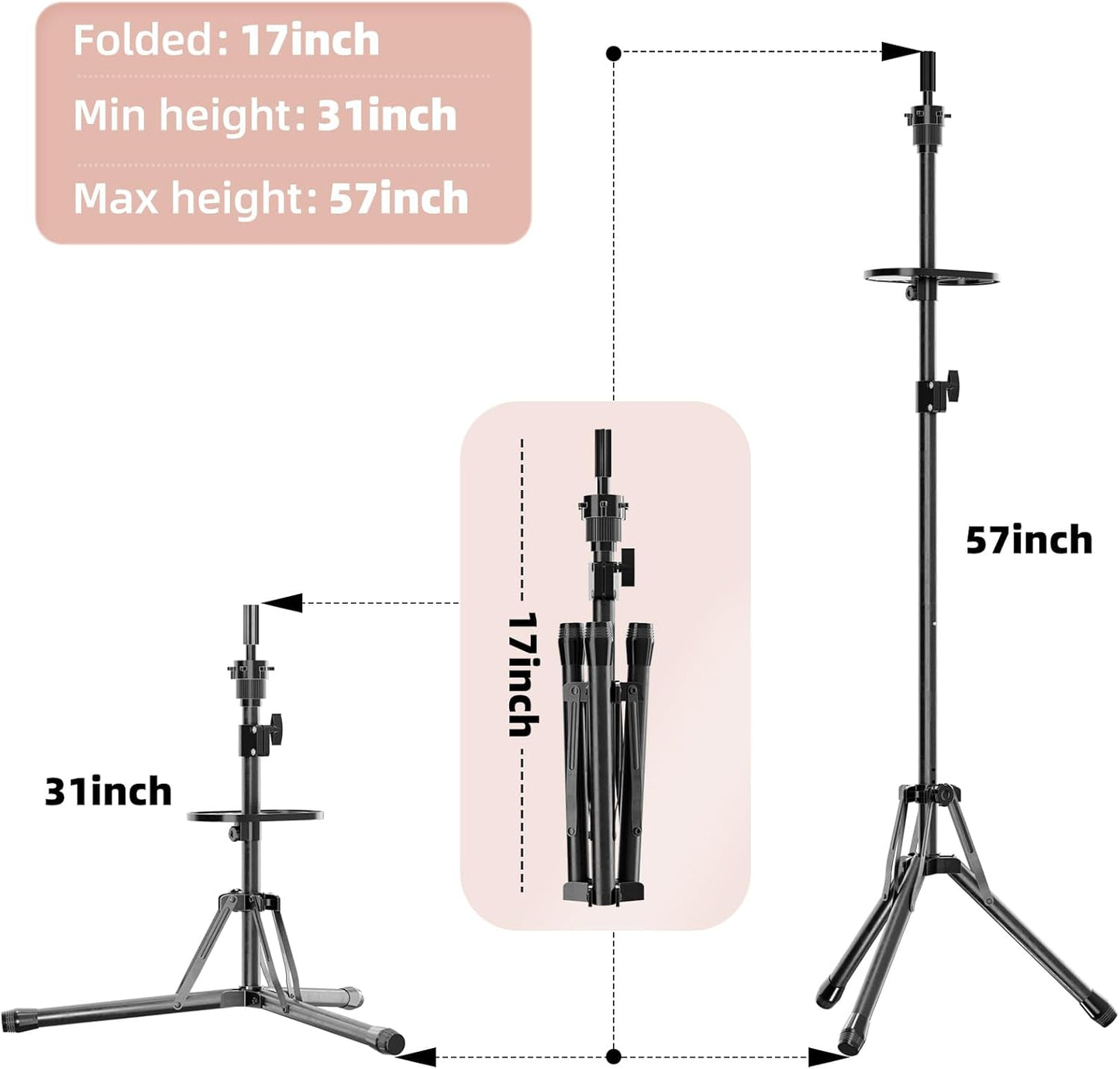 EBLIKI Wig Head Stand Tripod - Reinforced Wig Mannequin Stand, Adjustable Height 31 - 57 Wig Stand for Styling, Cosmetology Hairdressing Training with Wig Caps, T-Pins Hair Clips