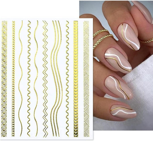 12 Sheets Gold Lines Nail Art Stickers 3D Self Adhesive Metal Curve Stripe Line Nail Decals Nail Art Supplies French Tips Strip Wave Design Manicure Decorations for Women Acrylic Nails Accessories