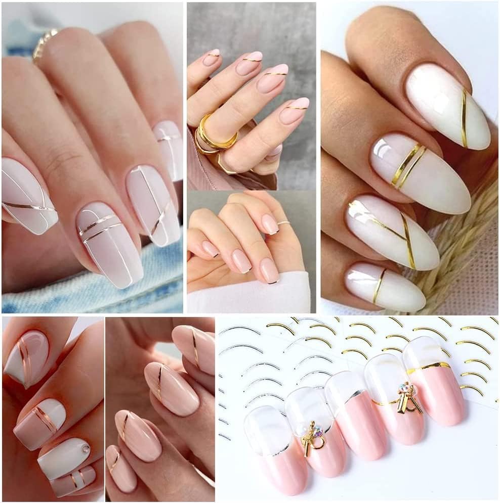 12 Sheets Gold Lines Nail Art Stickers 3D Self Adhesive Metal Curve Stripe Line Nail Decals Nail Art Supplies French Tips Strip Wave Design Manicure Decorations for Women Acrylic Nails Accessories