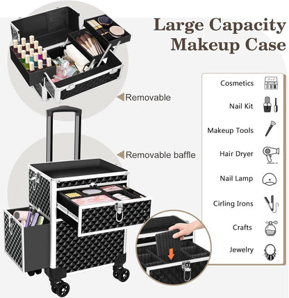 Professional Rolling Makeup Train Case, Multi-functional Cosmetic Trolley with 360 Swivel Wheels Keys, Large Storage Traveling Cart Trunk, Cosmetic Train Cases for Nail Technicians Hairstylist