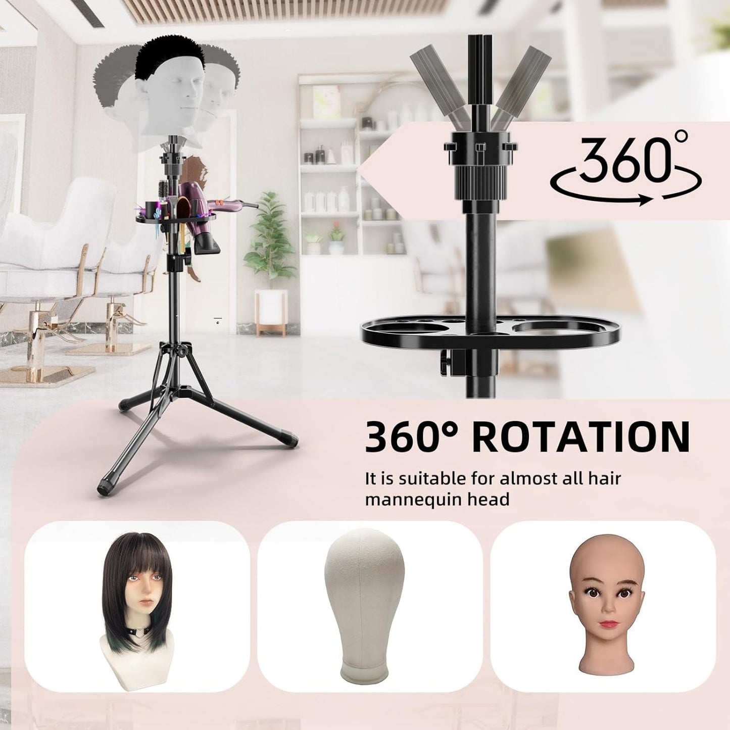 EBLIKI Wig Head Stand Tripod - Reinforced Wig Mannequin Stand, Adjustable Height 31 - 57 Wig Stand for Styling, Cosmetology Hairdressing Training with Wig Caps, T-Pins Hair Clips