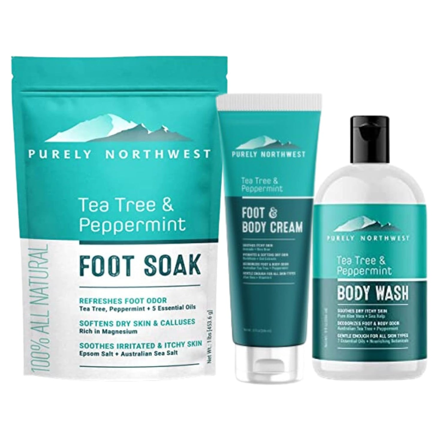 Tea Tree Oil Foot Soak with Epsom Salt Bundled with Tea Tree Lotion and Tea Tree Body Wash helps Athletes Foot, Body Odor, Softens Toenails,and dry and Cracked, Smelly Feet.