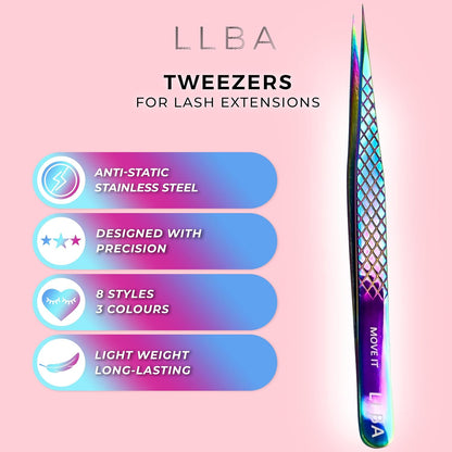 LLBA Lash Tweezer Professional Volume False Lash Application Tool | Multi Shapes & Purposes Tweezers | Non-Slip Grip Tweezers for Volume, Isolation & Classic Lashes Galaxy, Move It Classic