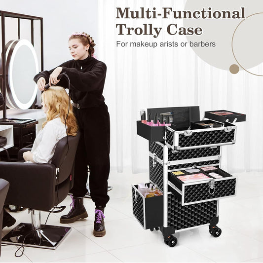 Professional Rolling Makeup Train Case, Multi-functional Cosmetic Trolley with 360 Swivel Wheels Keys, Large Storage Traveling Cart Trunk, Cosmetic Train Cases for Nail Technicians Hairstylist