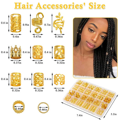 Lucomb 220 Pcs Gold Hair Jewelry for Braids, Loc Jewelry for Hair Dreadlock, Hair Charms for Women, Metal Gold Braids Rings Cuffs Clips for Dreadlock Accessories Hair Braids Jewelry Decorations