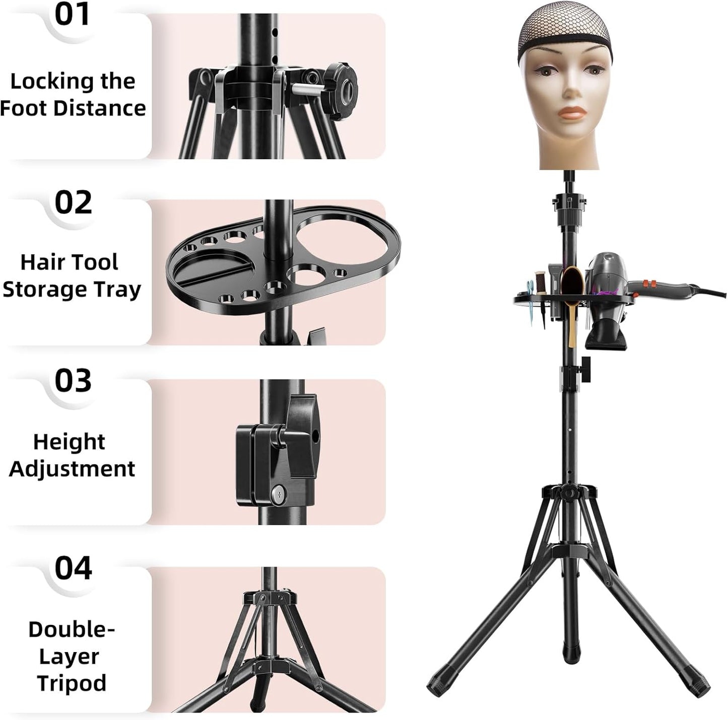 EBLIKI Wig Head Stand Tripod - Reinforced Wig Mannequin Stand, Adjustable Height 31 - 57 Wig Stand for Styling, Cosmetology Hairdressing Training with Wig Caps, T-Pins Hair Clips