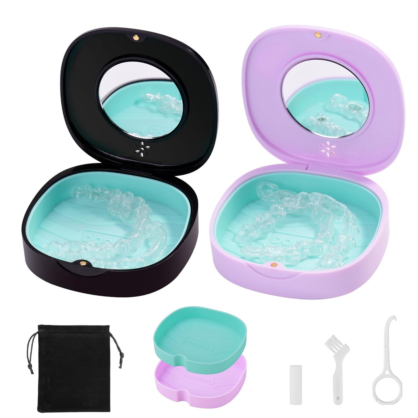 Doboli Retainer Case,Retainer Case with Vent Holes and Mirror,Compatible with Invisalign,Night Guard and Mouth Guard Case,with A Storage Bag,Slim Aligner Remover Tool,Chew & Brush,Travel Essentials