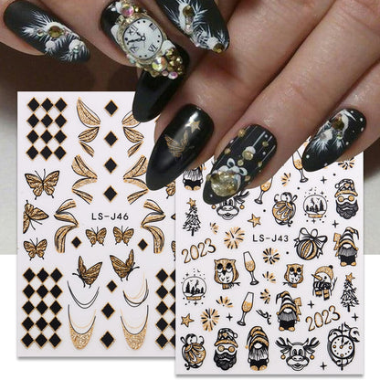 Gold Nail Art Stickers, 2023 Leopard Butterfly Sun Moon Star Clocks Watches Nail Self-Adhesive Sticker Designs, 3D Gold Nail Transfer Decals Supplies for Women Manicure Decorations, DIY Nail Decal