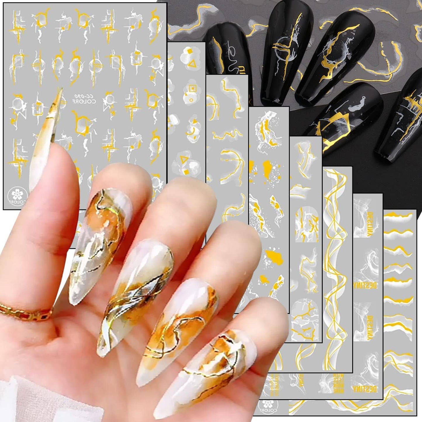 Gold Nail Art Stickers, 2023 Leopard Butterfly Sun Moon Star Clocks Watches Nail Self-Adhesive Sticker Designs, 3D Gold Nail Transfer Decals Supplies for Women Manicure Decorations, DIY Nail Decal