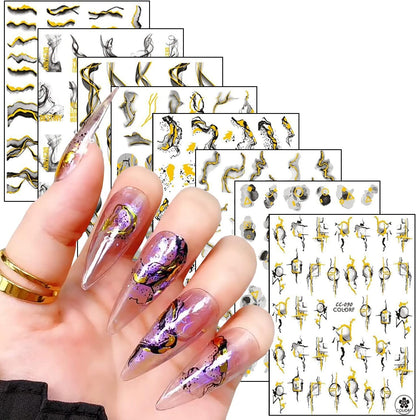 Gold Nail Art Stickers, 2023 Leopard Butterfly Sun Moon Star Clocks Watches Nail Self-Adhesive Sticker Designs, 3D Gold Nail Transfer Decals Supplies for Women Manicure Decorations, DIY Nail Decal