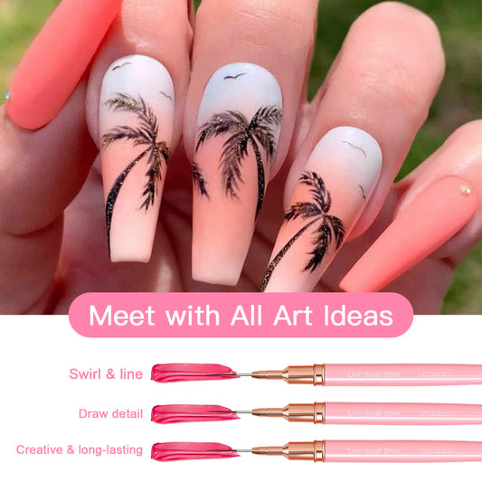 Komall Nail Art Liner Brushes, 5Pcs Painting Nail Art Brush Set Nail Dotting Drawing Tool for Long Lines, Thin Details, Fine Drawing Sizes 4/8/12/20/25mmPink