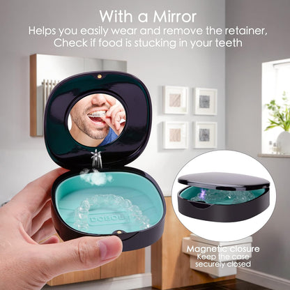 Doboli Retainer Case,Retainer Case with Vent Holes and Mirror,Compatible with Invisalign,Night Guard and Mouth Guard Case,with A Storage Bag,Slim Aligner Remover Tool,Chew & Brush,Travel Essentials