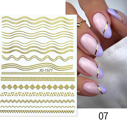 12 Sheets Gold Lines Nail Art Stickers 3D Self Adhesive Metal Curve Stripe Line Nail Decals Nail Art Supplies French Tips Strip Wave Design Manicure Decorations for Women Acrylic Nails Accessories