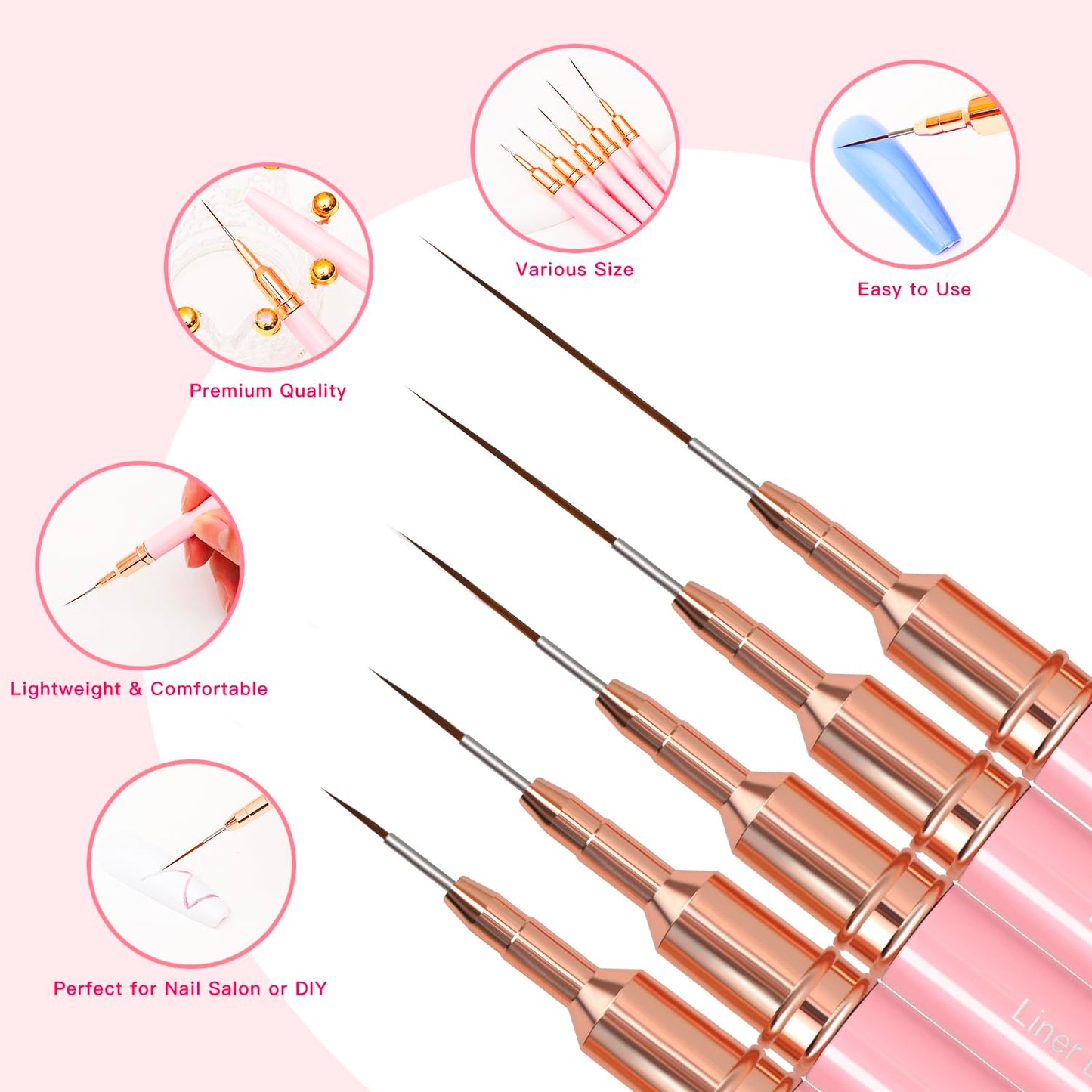 Komall Nail Art Liner Brushes, 5Pcs Painting Nail Art Brush Set Nail Dotting Drawing Tool for Long Lines, Thin Details, Fine Drawing Sizes 4/8/12/20/25mmPink