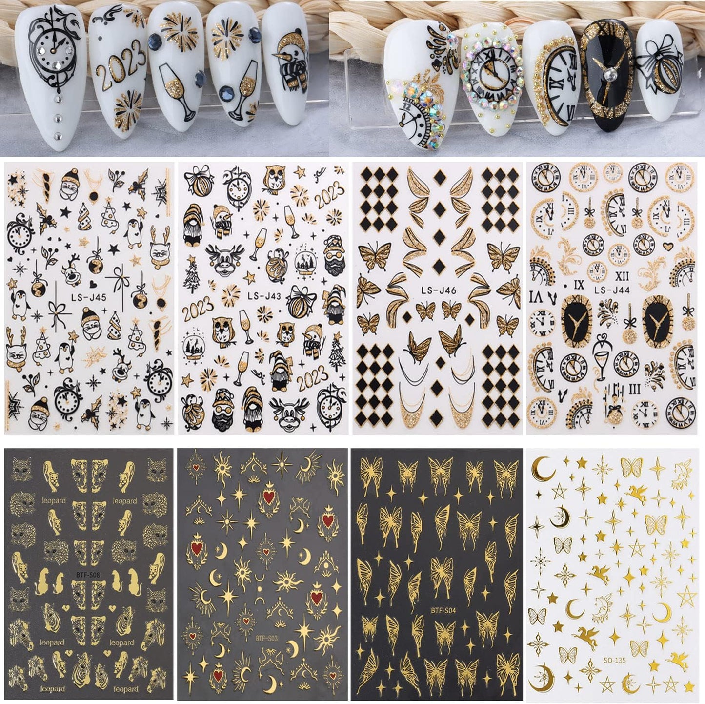 Gold Nail Art Stickers, 2023 Leopard Butterfly Sun Moon Star Clocks Watches Nail Self-Adhesive Sticker Designs, 3D Gold Nail Transfer Decals Supplies for Women Manicure Decorations, DIY Nail Decal