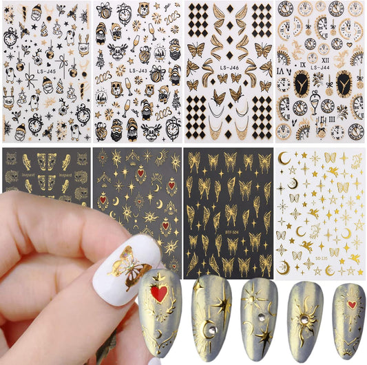 Gold Nail Art Stickers, 2023 Leopard Butterfly Sun Moon Star Clocks Watches Nail Self-Adhesive Sticker Designs, 3D Gold Nail Transfer Decals Supplies for Women Manicure Decorations, DIY Nail Decal