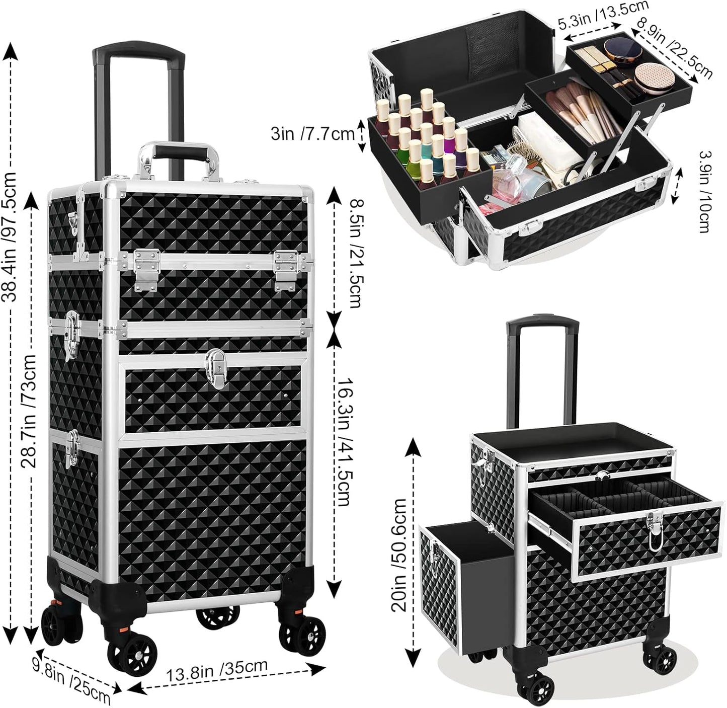 Professional Rolling Makeup Train Case, Multi-functional Cosmetic Trolley with 360 Swivel Wheels Keys, Large Storage Traveling Cart Trunk, Cosmetic Train Cases for Nail Technicians Hairstylist