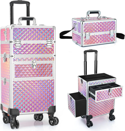 Professional Rolling Makeup Train Case, Multi-functional Cosmetic Trolley with 360 Swivel Wheels Keys, Large Storage Traveling Cart Trunk, Cosmetic Train Cases for Nail Technicians Hairstylist