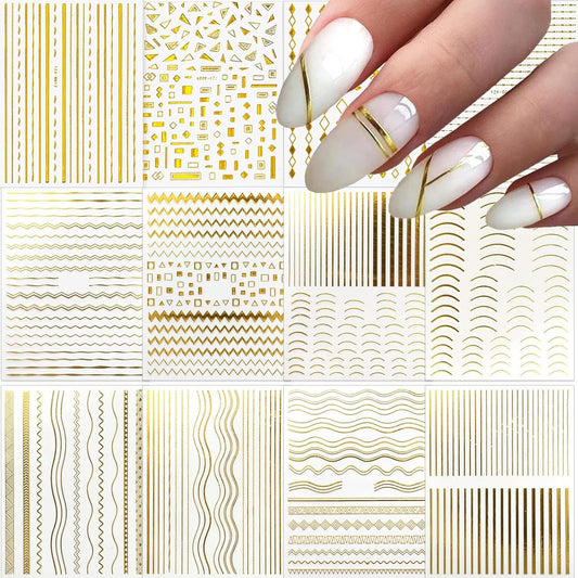 12 Sheets Gold Lines Nail Art Stickers 3D Self Adhesive Metal Curve Stripe Line Nail Decals Nail Art Supplies French Tips Strip Wave Design Manicure Decorations for Women Acrylic Nails Accessories