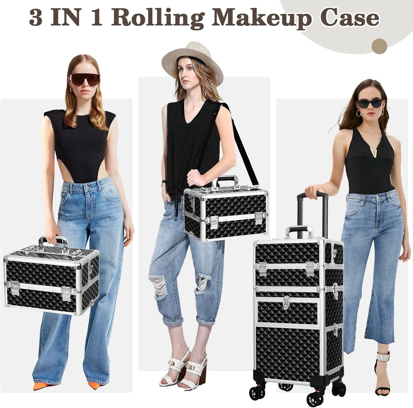 Professional Rolling Makeup Train Case, Multi-functional Cosmetic Trolley with 360 Swivel Wheels Keys, Large Storage Traveling Cart Trunk, Cosmetic Train Cases for Nail Technicians Hairstylist