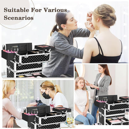 Professional Rolling Makeup Train Case, Multi-functional Cosmetic Trolley with 360 Swivel Wheels Keys, Large Storage Traveling Cart Trunk, Cosmetic Train Cases for Nail Technicians Hairstylist