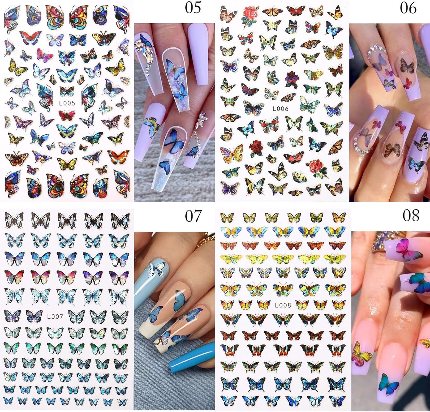 Laser Butterfly Nail Stickers Heart Nail Stickers Self-Adhesive Butterfly and Heart Nail Decals Colorful Laser Stickers Nail Art Design Nail Decals 10 Sheets Decorations Stickers for Nail Art kit