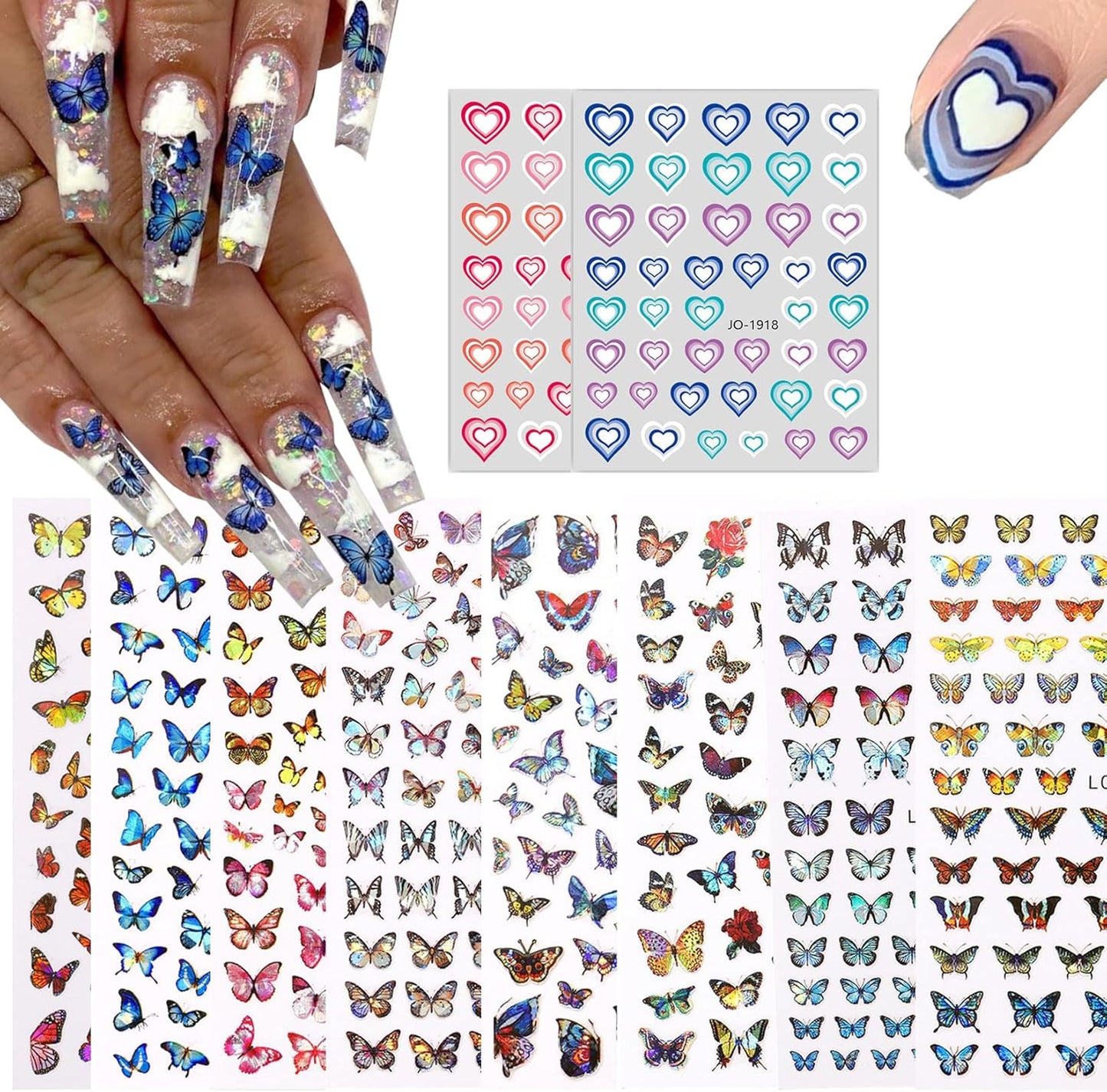 Laser Butterfly Nail Stickers Heart Nail Stickers Self-Adhesive Butterfly and Heart Nail Decals Colorful Laser Stickers Nail Art Design Nail Decals 10 Sheets Decorations Stickers for Nail Art kit