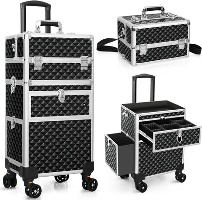 Professional Rolling Makeup Train Case, Multi-functional Cosmetic Trolley with 360 Swivel Wheels Keys, Large Storage Traveling Cart Trunk, Cosmetic Train Cases for Nail Technicians Hairstylist