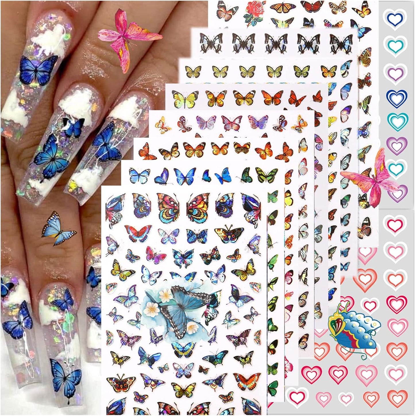 Laser Butterfly Nail Stickers Heart Nail Stickers Self-Adhesive Butterfly and Heart Nail Decals Colorful Laser Stickers Nail Art Design Nail Decals 10 Sheets Decorations Stickers for Nail Art kit