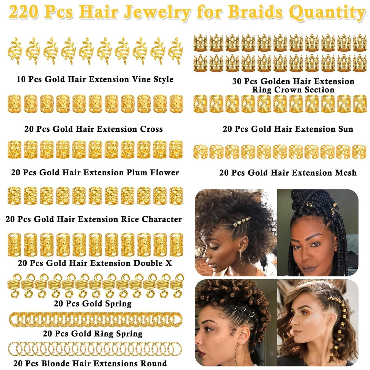 Lucomb 220 Pcs Gold Hair Jewelry for Braids, Loc Jewelry for Hair Dreadlock, Hair Charms for Women, Metal Gold Braids Rings Cuffs Clips for Dreadlock Accessories Hair Braids Jewelry Decorations